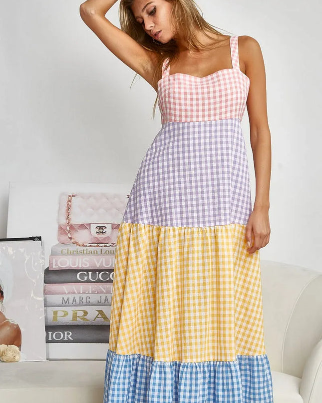 BiBi Color Block Tiered Gingham Dress