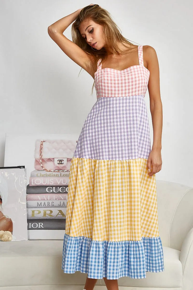 BiBi Color Block Tiered Gingham Dress