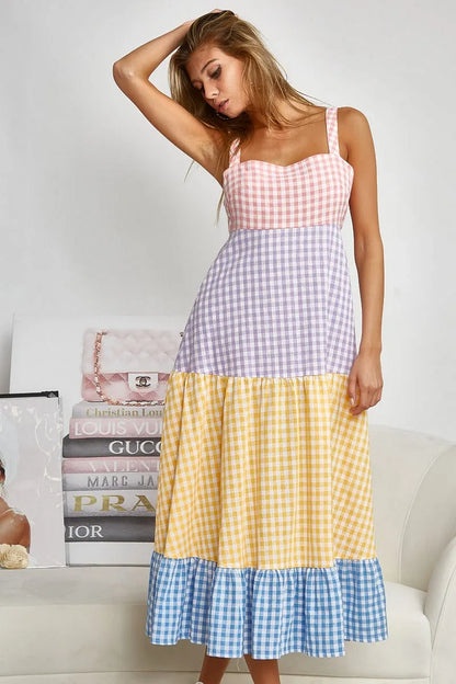 BiBi Color Block Tiered Gingham Dress