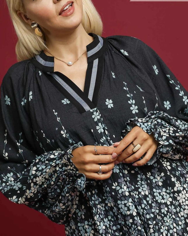 Umgee Full Size Floral Vine Print Blouse with Balloon Sleeves Plus Size