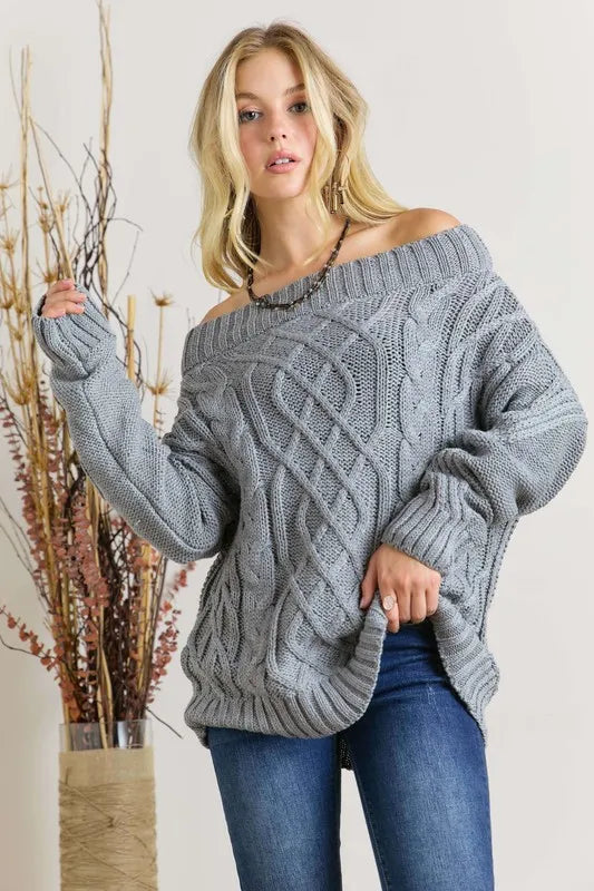 ADORA Cable Knit Off Shoulder Sweater GREY