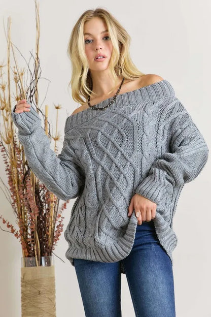 ADORA Cable Knit Off Shoulder Sweater GREY