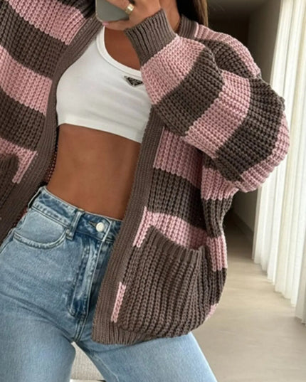Striped Open Front Long Sleeve Cardigan Pink