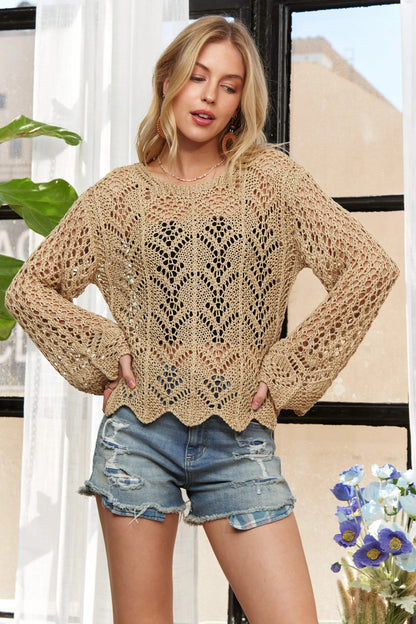ADORA Long Sleeves Round Neck Crochet Top