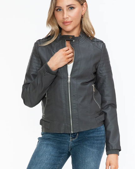 Snobbish PU Leather Biker Jacket with Side Zip Pockets