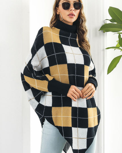 Plaid Turtleneck Dolman Sleeve Poncho Plaid