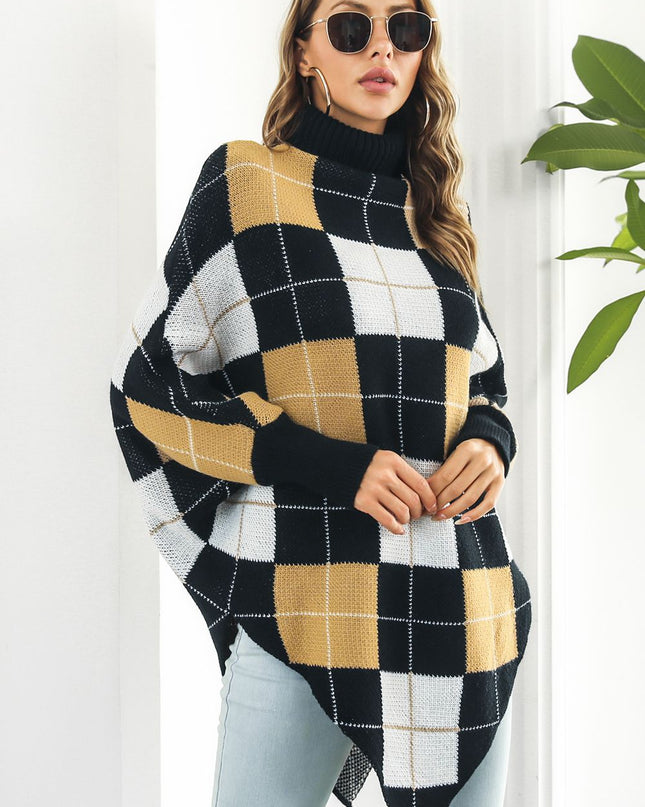 Plaid Turtleneck Dolman Sleeve Poncho Plaid