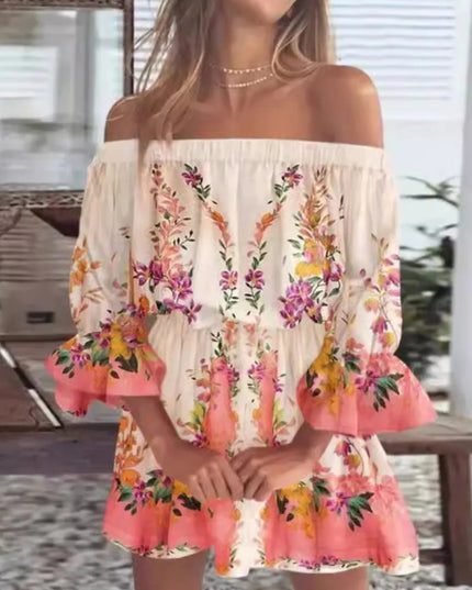 Full Size Floral Off-Shoulder Flounce Sleeve Mini Dress Plus Size 