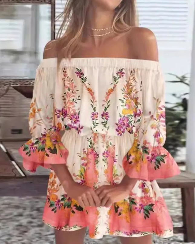Full Size Floral Off-Shoulder Flounce Sleeve Mini Dress Plus Size 