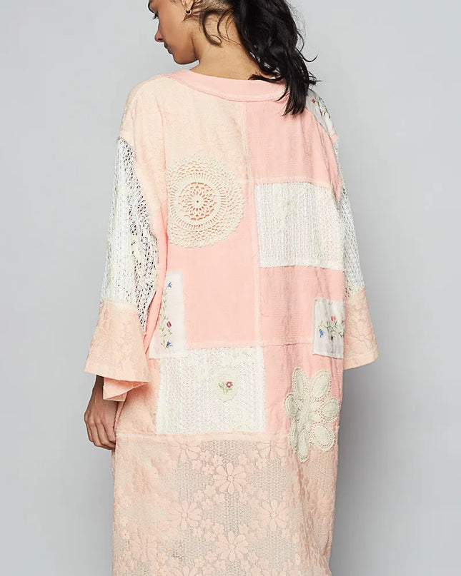 POL Double Gauze and Lace Mix Cardigan with Embroidered Detail 