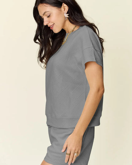 Double Take Full Size Texture Short Sleeve T-Shirt and Drawstring Shorts Set 