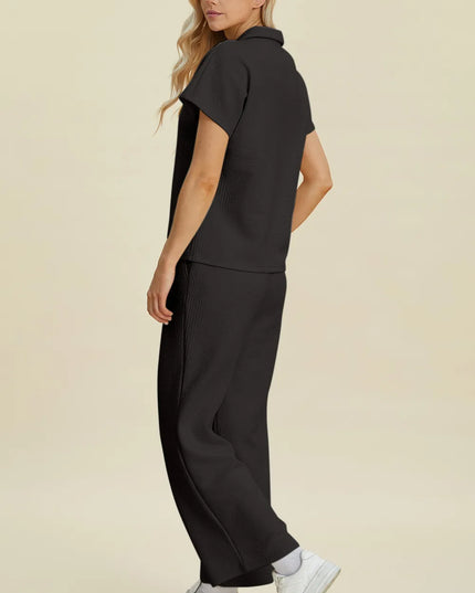 Double Take Full Size Collared Neck Short Sleeve Top and Pants Set