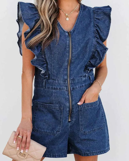 Denim Ruffled Zipped Front Belted Romper