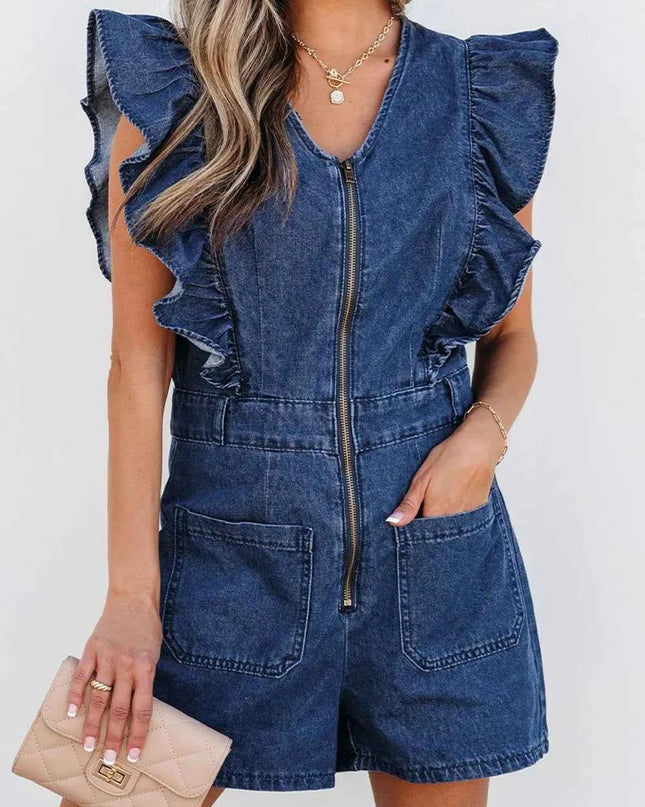 Denim Ruffled Zipped Front Belted Romper