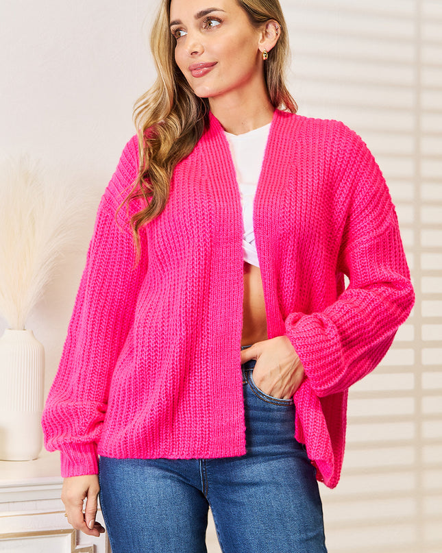 Woven Right Rib-Knit Open Front Drop Shoulder Cardigan
