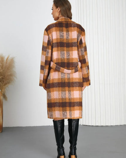 Tied Plaid Collared Neck Coat