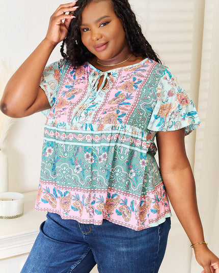 Perfee Floral Tie Neck Short Sleeve Blouse