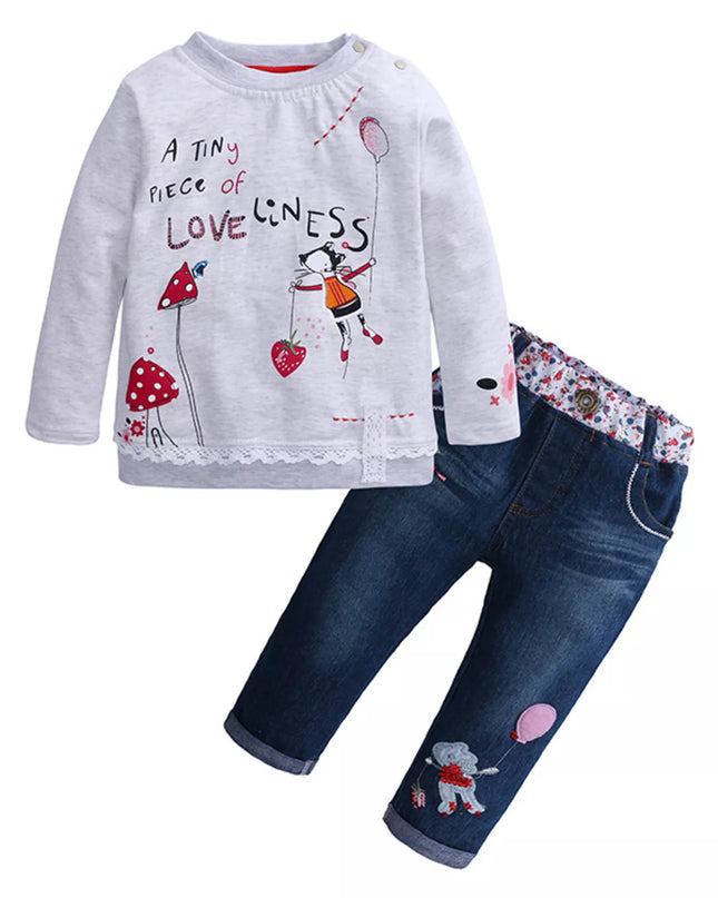 Children's Round Neck Top and Jeans Set Light Gray