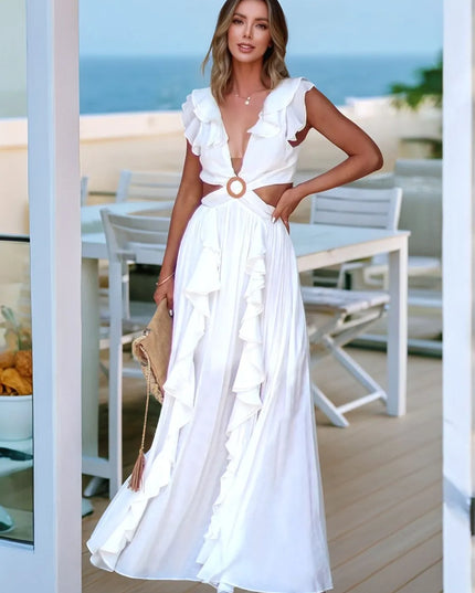 Cutout Ruffled Cap Sleeve Maxi Dress White