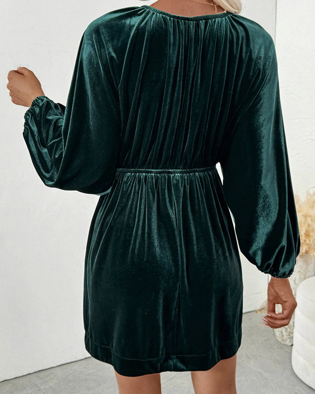 Ruched V-Neck Balloon Sleeve Dress