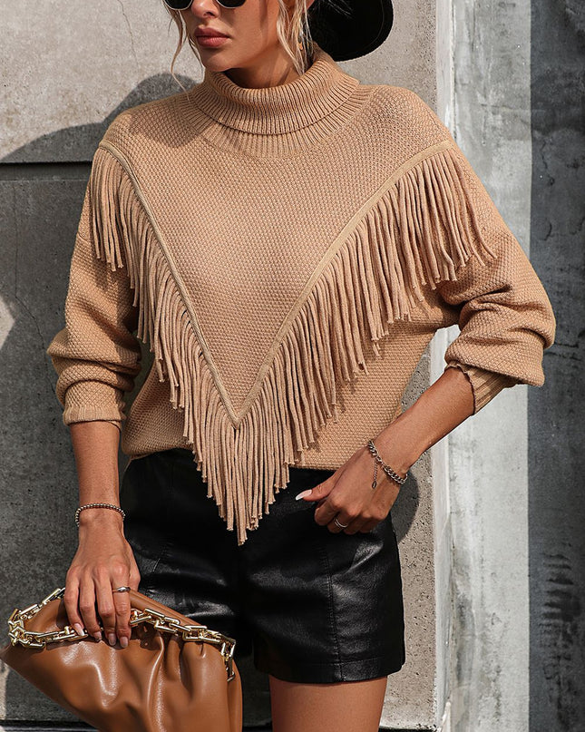Turtle Neck Tassel Front Long Sleeve Pullover Sweater