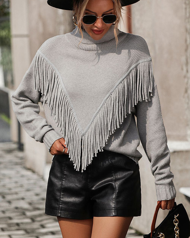 Turtle Neck Tassel Front Long Sleeve Pullover Sweater