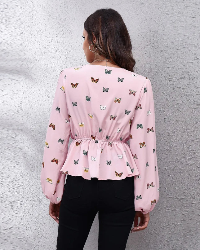 Butterfly V-Neck Balloon Sleeve Peplum Blouse