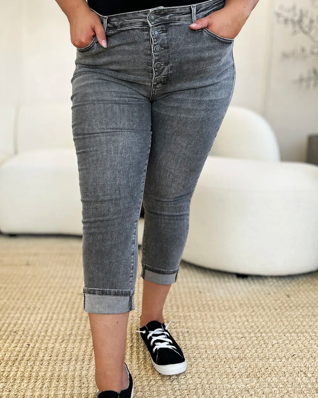 Judy Blue Full Size Button Fly High Waist Cuffed Capris