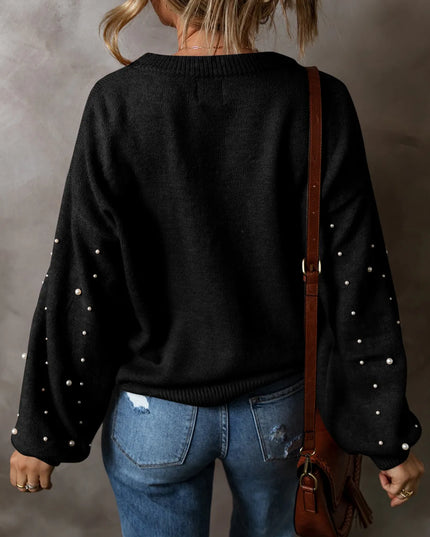 Pearl Detail Round Neck Long Sleeve Sweater