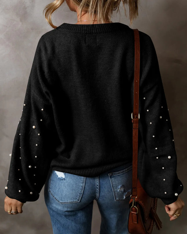 Pearl Detail Round Neck Long Sleeve Sweater