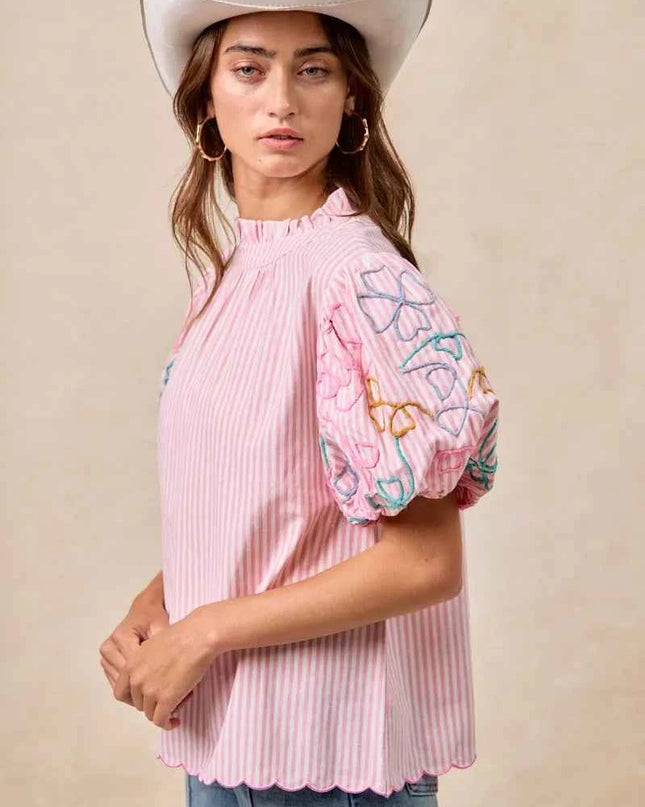 BiBi Embroidery Bubble Sleeve Top With Bottom Scallop Detail