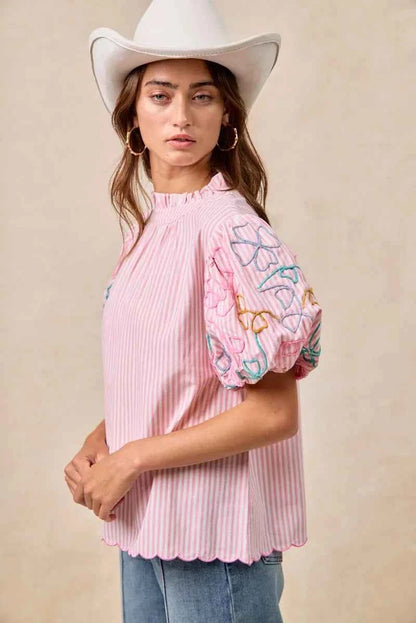 BiBi Embroidery Bubble Sleeve Top With Bottom Scallop Detail