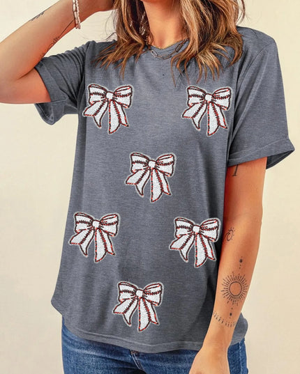 Sequin Bow Short Sleeve Tee Dark Gray