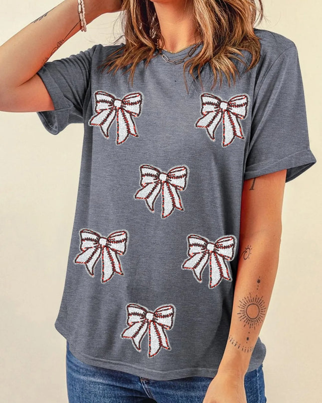 Sequin Bow Short Sleeve Tee Dark Gray