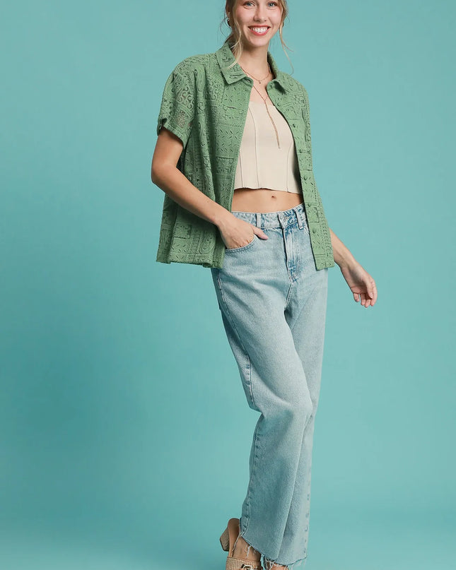 Umgee Patch Lace Short Sleeve Button Down Shirt
