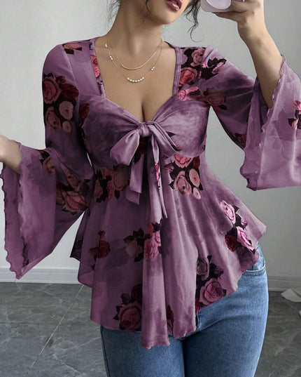 Floral Tie Front Flare Sleeve Blouse Dark Purple
