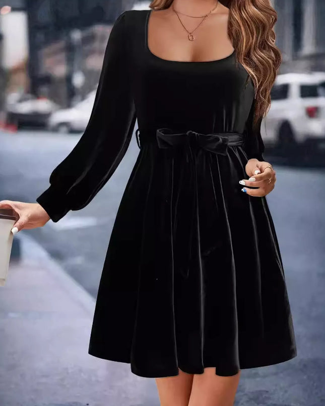 Velvet Long Sleeve A-Line Dress Black