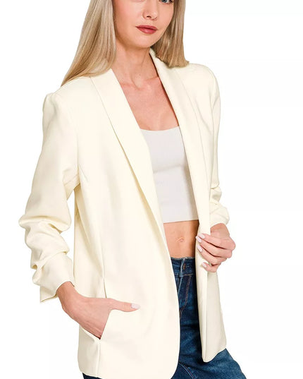 Zenana Woven 3/4 Ruched Sleeve Open Front Classic Blazer CREAM