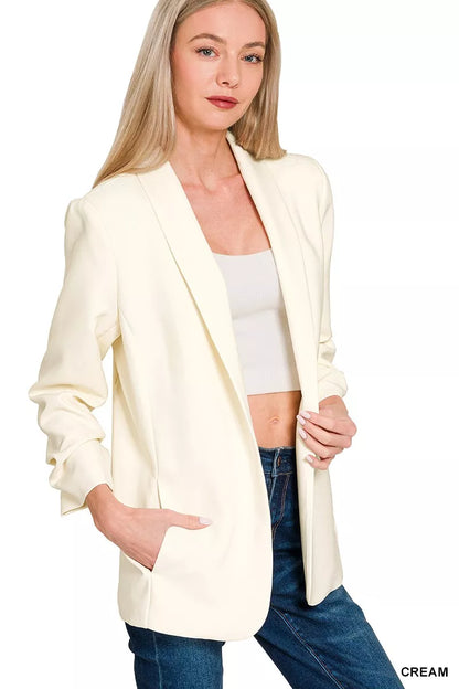 Zenana Woven 3/4 Ruched Sleeve Open Front Classic Blazer CREAM
