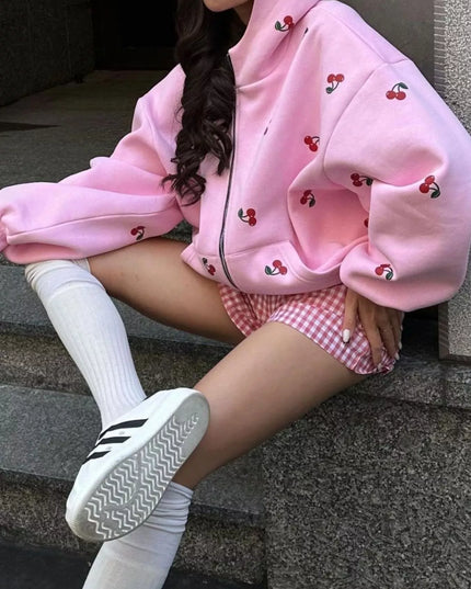 Cherry Print Oversized Zip-Up Hoodie