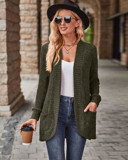 Open Front Cardigan with Pockets Dark Green