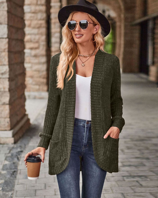 Open Front Cardigan with Pockets Dark Green