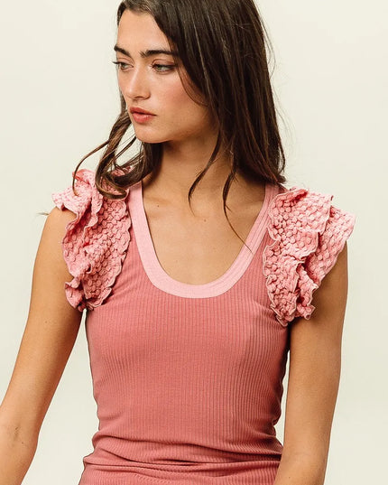 BiBi Rib Knit With Textured Ruffled Top DUSTY ROSE
