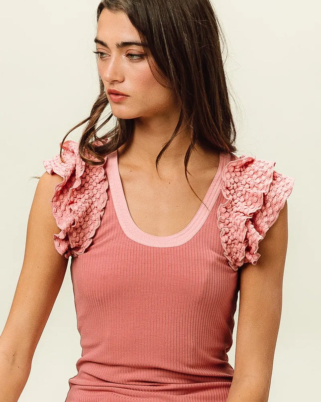 BiBi Rib Knit With Textured Ruffled Top DUSTY ROSE