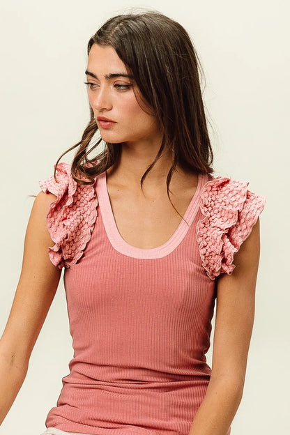 BiBi Rib Knit With Textured Ruffled Top DUSTY ROSE