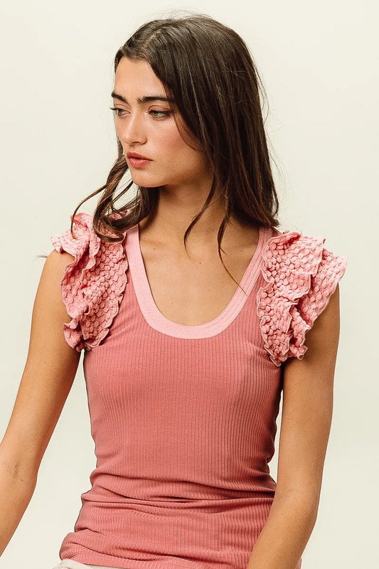 BiBi Rib Knit With Textured Ruffled Top DUSTY ROSE