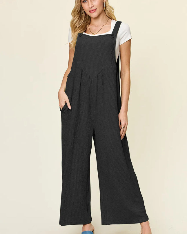 Double Take Full Size Texture Sleeveless Wide Leg Overall Black