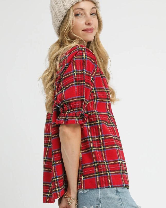 Umgee Plaid Smocked V-Neck Flannel Top