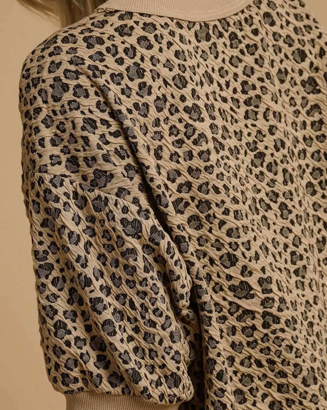 Umgee Leopard Knit Jacquard Puff Sleeve Sweatshirt
