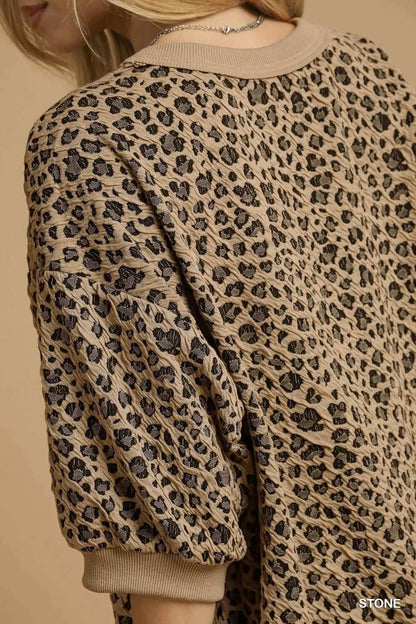 Umgee Leopard Knit Jacquard Puff Sleeve Sweatshirt
